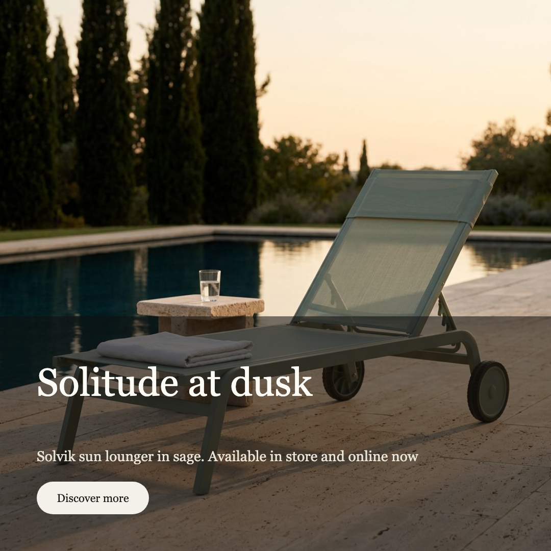 Campaign creative for the Solvik sun lounger – Sage: poolside scene at dusk, pending review